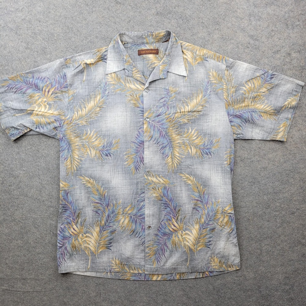 Tori Richard Shirt Mens Medium Gray Palm Leaf Button Front Short Sleeve Hawaiian